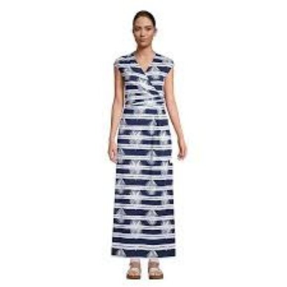 Lands End Womens Navy & White Palm Striped Wrap Maxi Dress L/P - Picture 1 of 5